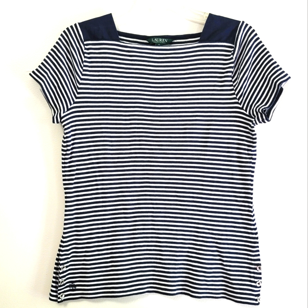 Lauren Ralph Lauren Navy Blue and White Striped Cotton Short Sleeve Shirt Sz XL
